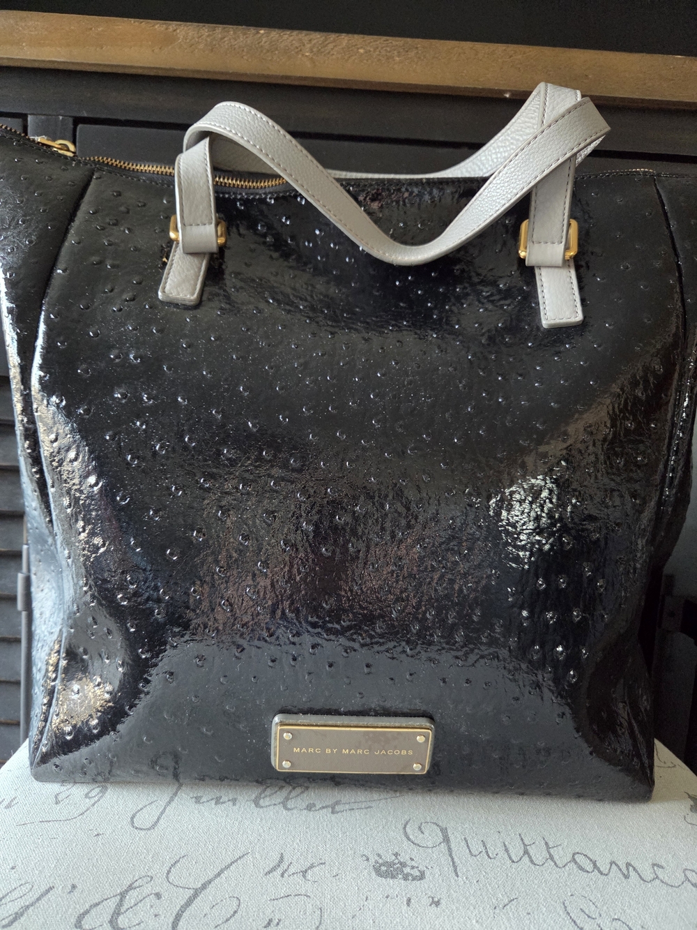 Marc by Marc Jacobs Take Me Home Ozzie Ostrich Stamped Leather Tote Gray Handles